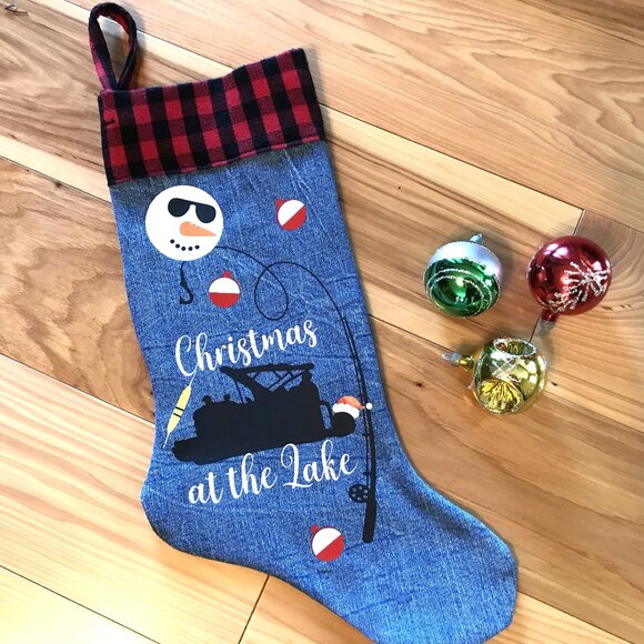 Denim Christmas Stocking: Lake House Fishing Decor, Pontoon Boat, Snowman - Picture 4 of 8